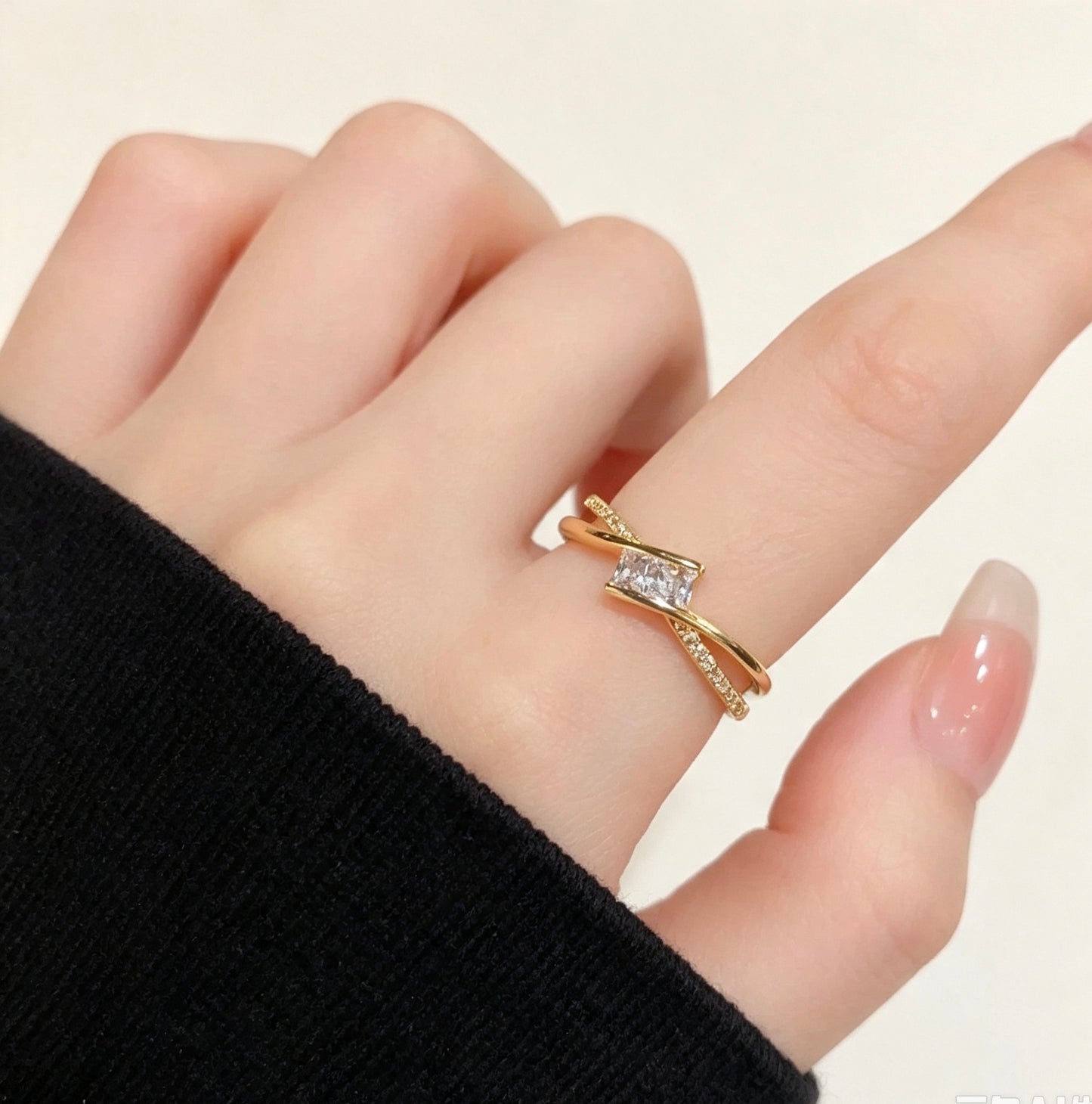 18K Gold Plated Zirconia Princess-Cut Cross Open Ring – Geometric & Elegant