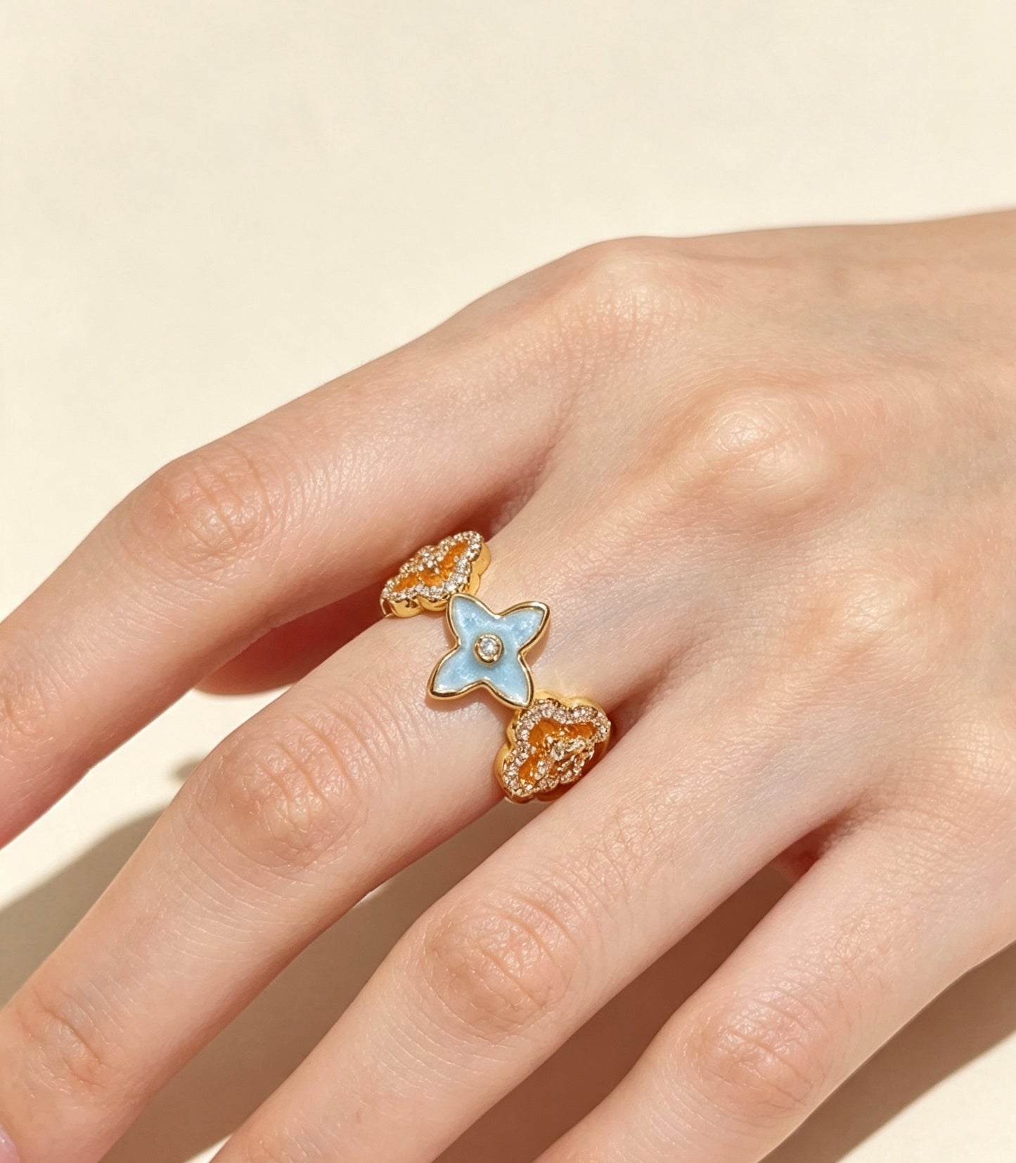 18K Gold Plated Zirconia Enamel Lucky Clover Flower Open Ring – Delicate & Elegant