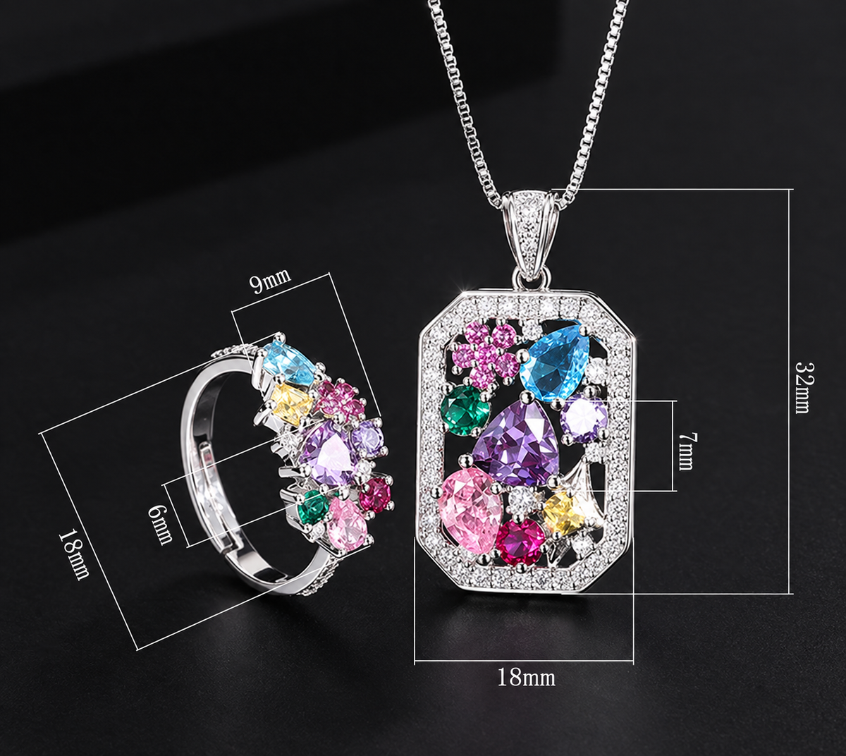 Colorful Zircon Necklace & Ring Set | White Gold-Plated Copper Jewelry Set