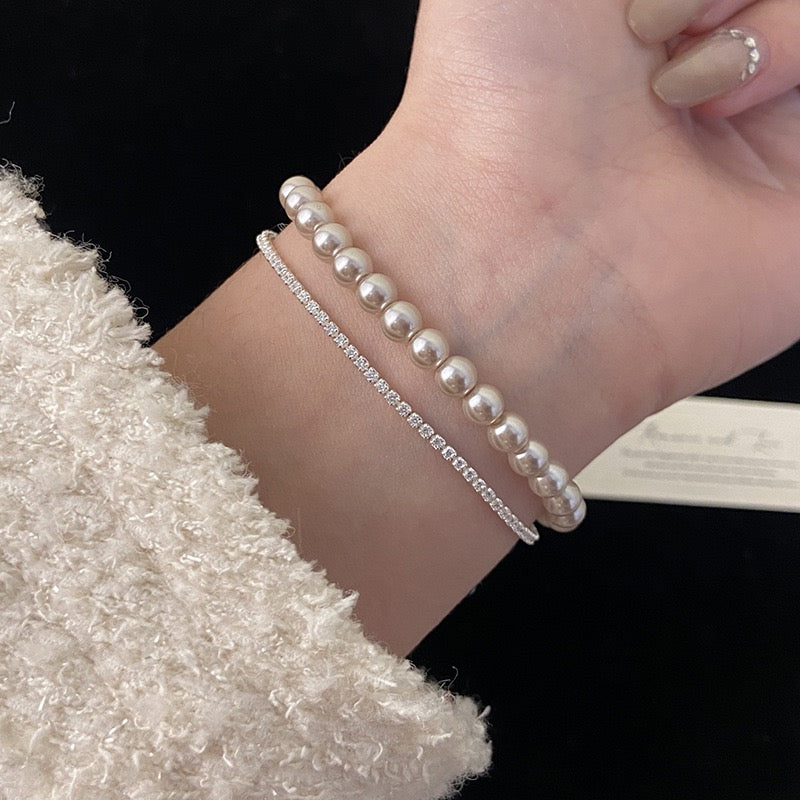 Vintage Pearl & Zircon 18K Gold Plated Double Layer Bracelet