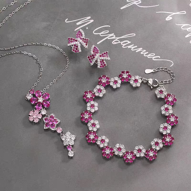 Zircon Flower Jewelry Set | Necklace Bracelet & Earrings