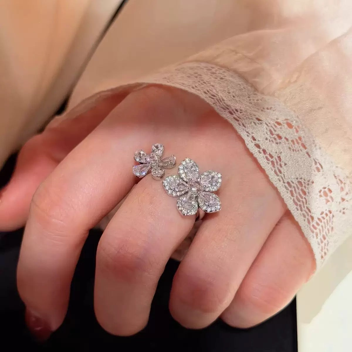 Pink Zircon Double-Flower Open Ring