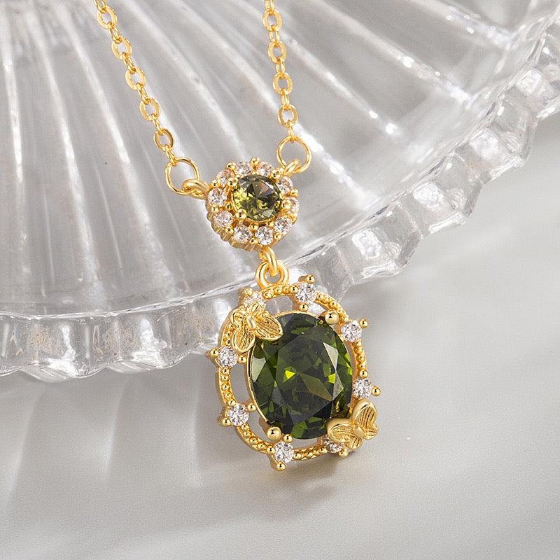 Botanical Olive Green Zircon Gold Plated Jewelry Set