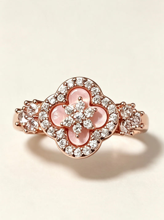 Rose Gold Plated Zirconia Mother-of-Pearl Clover Open Ring – Botanical & Elegant