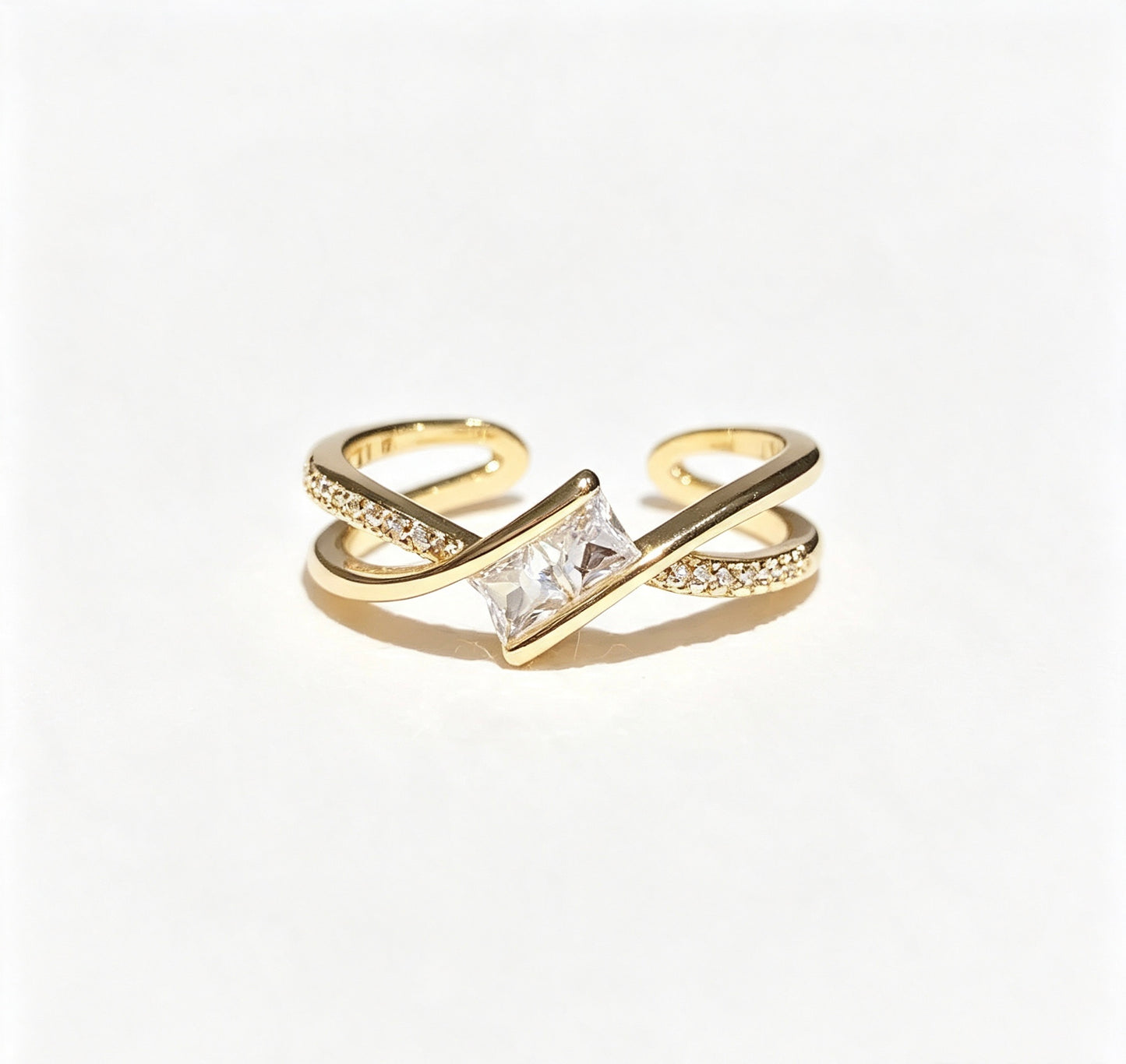 18K Gold Plated Zirconia Princess-Cut Cross Open Ring – Geometric & Elegant