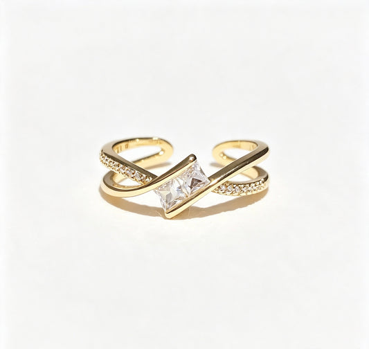 18K Gold Plated Zirconia Princess-Cut Cross Open Ring – Geometric & Elegant