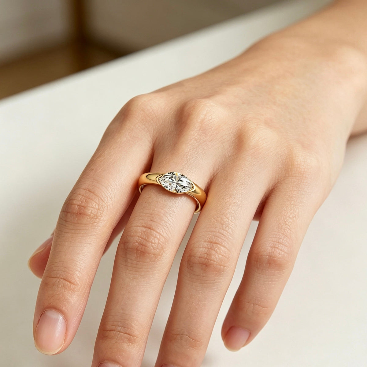 1ct East-West Marquise Moissanite Solitaire Ring, 925 Sterling Silver