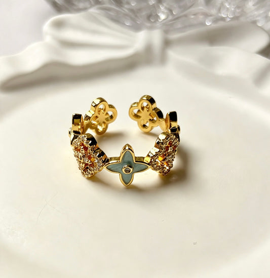 18K Gold Plated Zirconia Enamel Lucky Clover Flower Open Ring – Delicate & Elegant