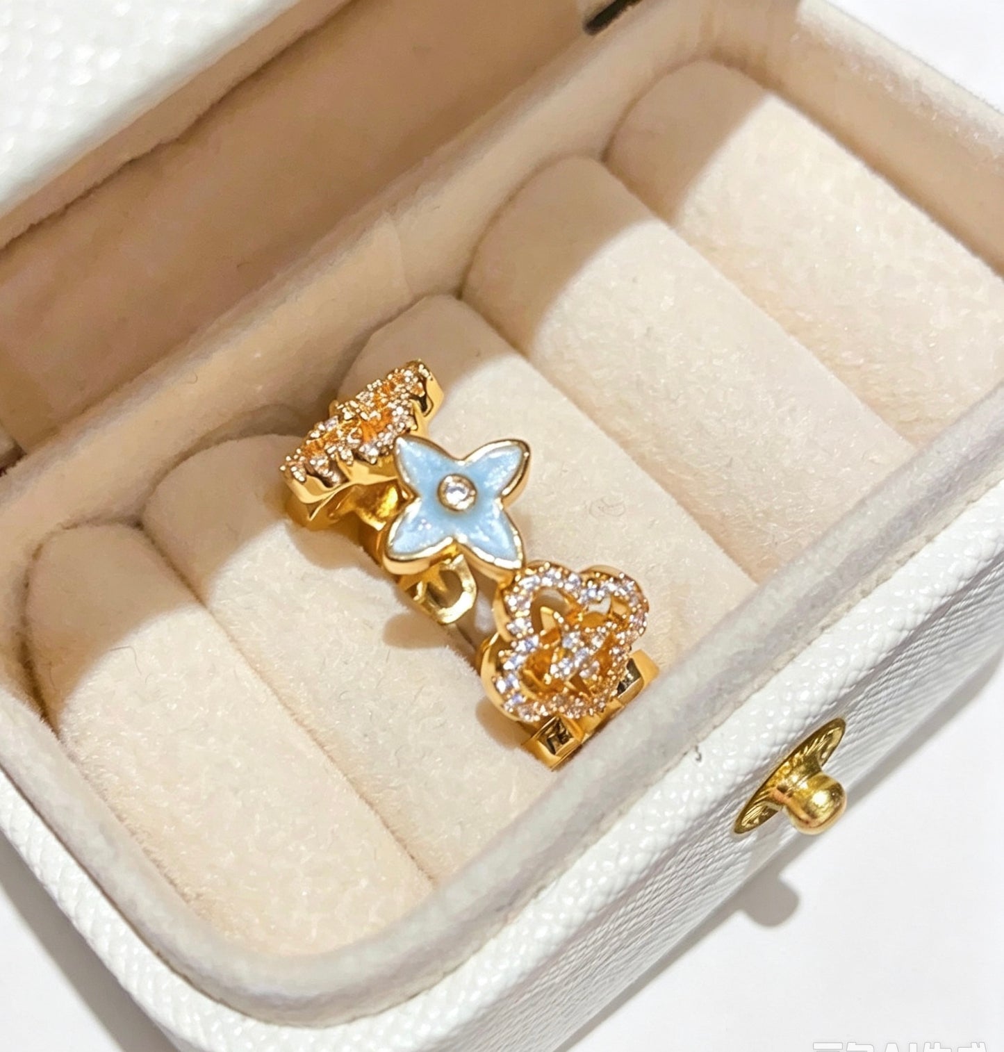 18K Gold Plated Zirconia Enamel Lucky Clover Flower Open Ring – Delicate & Elegant