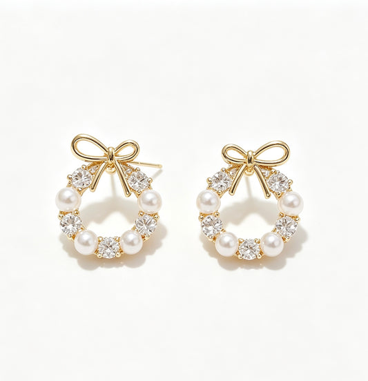 Bow Knot Pearl Wreath Stud Earrings | 925 Silver Pin – Romantic & Elegant