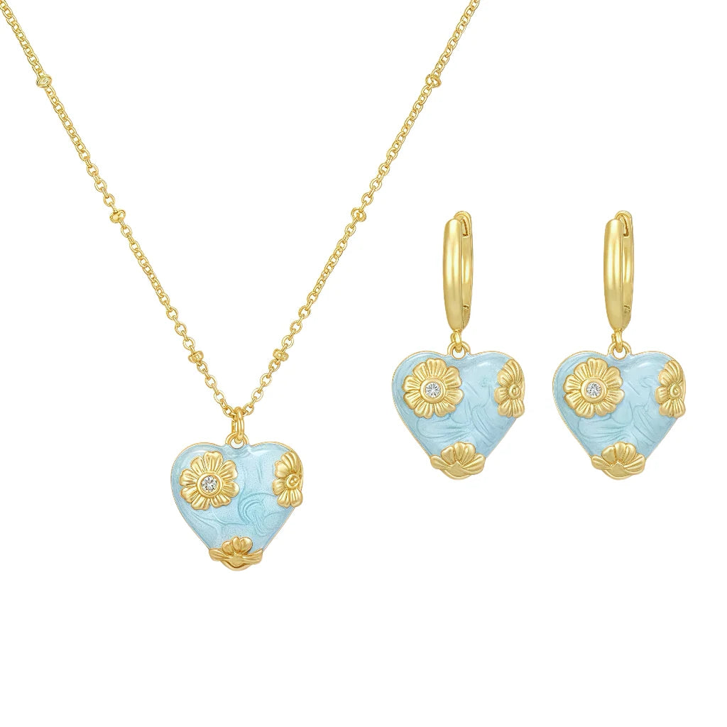 Blue Heart Enamel Necklace & Earrings Set | 18K Gold Plated