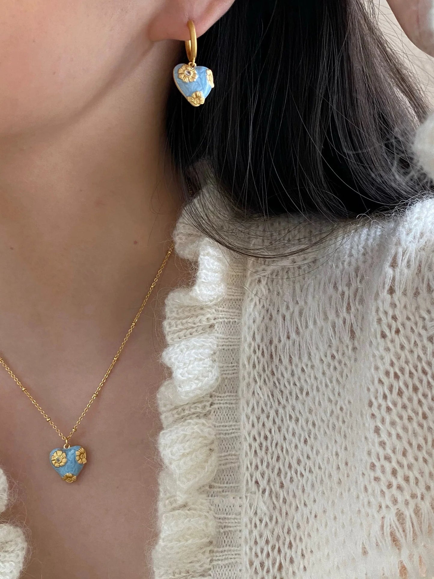 Blue Heart Enamel Necklace & Earrings Set | 18K Gold Plated
