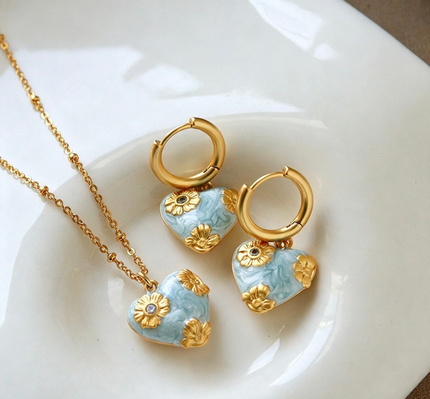 Blue Heart Enamel Necklace & Earrings Set | 18K Gold Plated