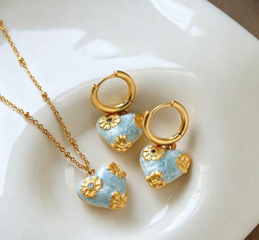 Elevate Your Style with the Blue Heart Enamel Jewelry Set | 18K Gold Plated