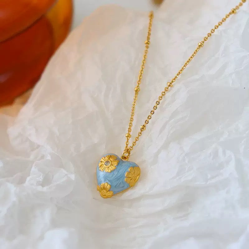 Blue Heart Enamel Necklace & Earrings Set | 18K Gold Plated