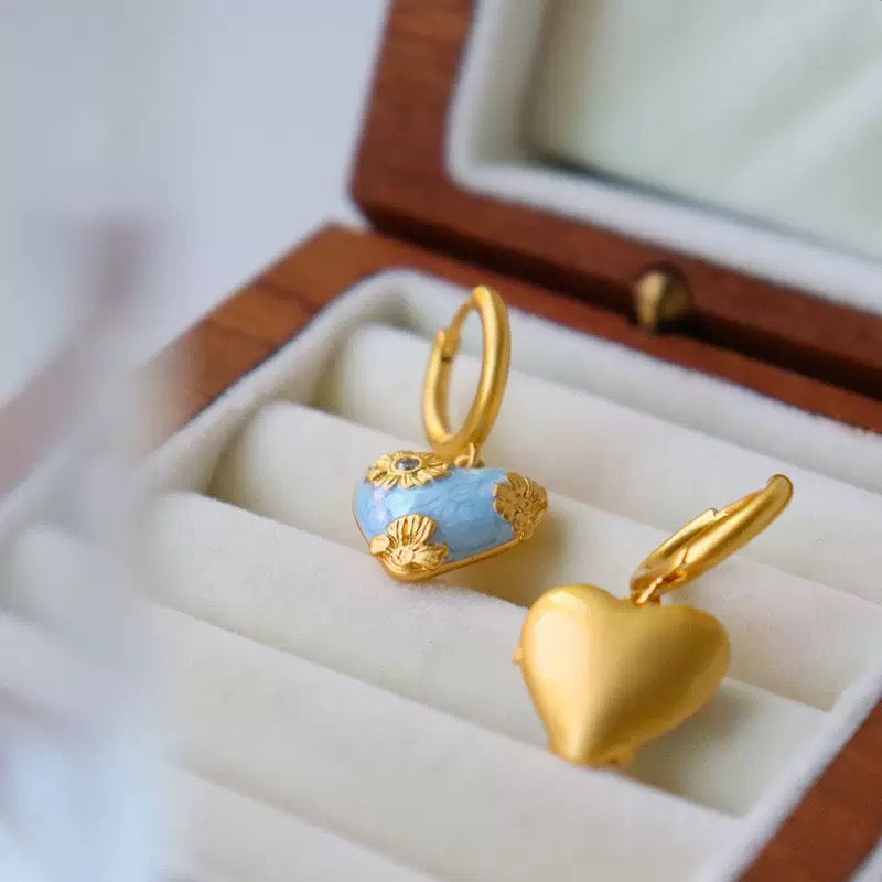 Blue Heart Enamel Necklace & Earrings Set | 18K Gold Plated