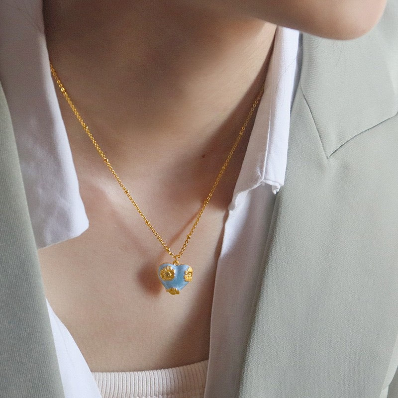 Blue Heart Enamel Necklace & Earrings Set | 18K Gold Plated