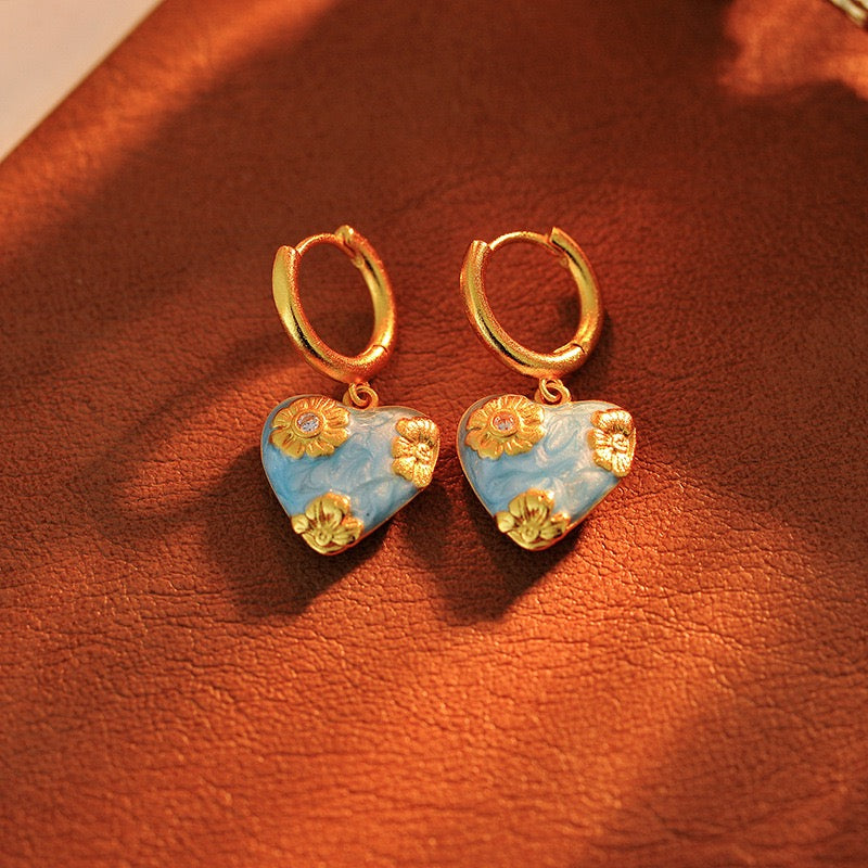 Blue Heart Enamel Necklace & Earrings Set | 18K Gold Plated