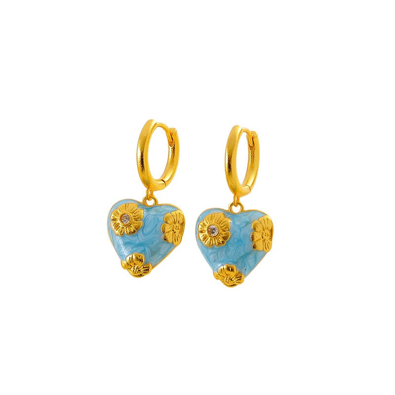 Blue Heart Enamel Necklace & Earrings Set | 18K Gold Plated