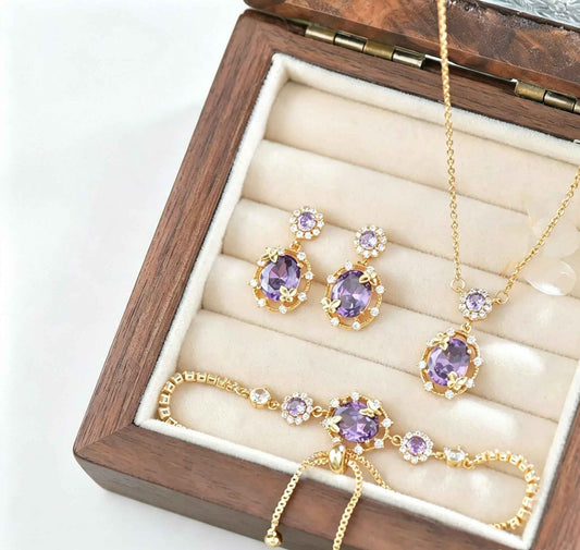 Elevate Your Style with the Purple Zircon Jewelry Set: 14K Gold Plated Botanical Elegance