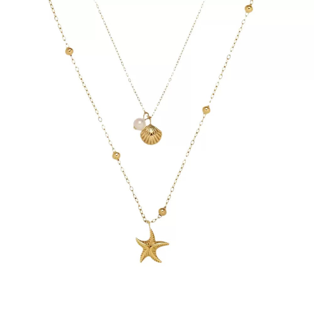 Double-Layered Starfish & Shell Gold Stacking Necklace