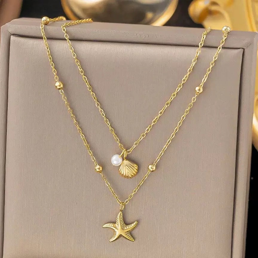 Double-Layered Starfish & Shell Gold Stacking Necklace
