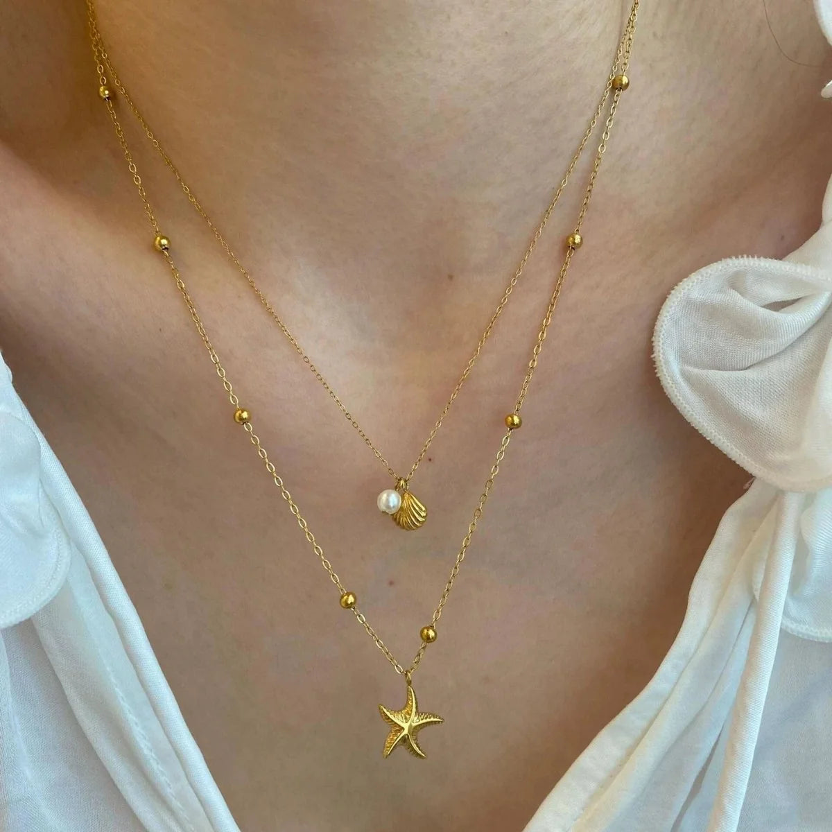 Double-Layered Starfish & Shell Gold Stacking Necklace