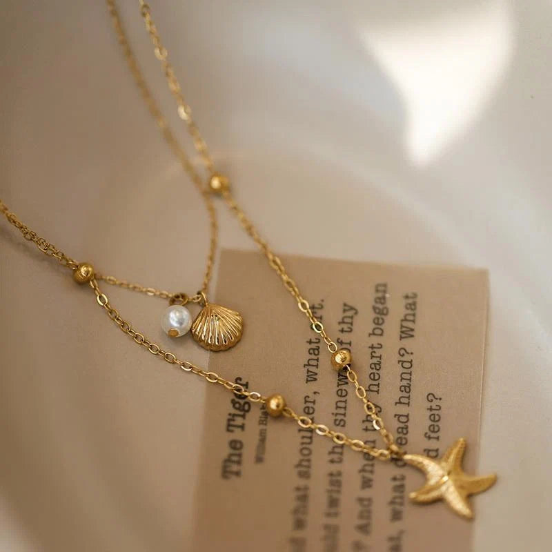 Double-Layered Starfish & Shell Gold Stacking Necklace
