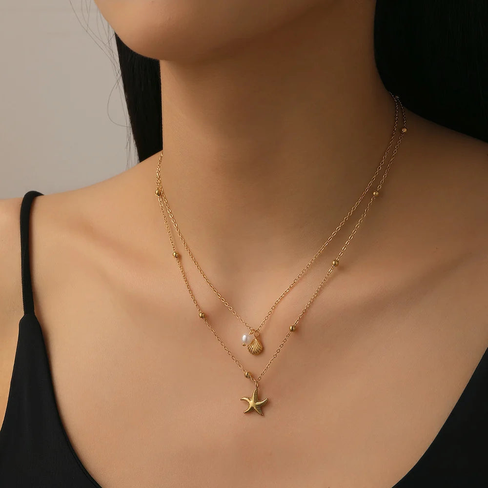 Double-Layered Starfish & Shell Gold Stacking Necklace