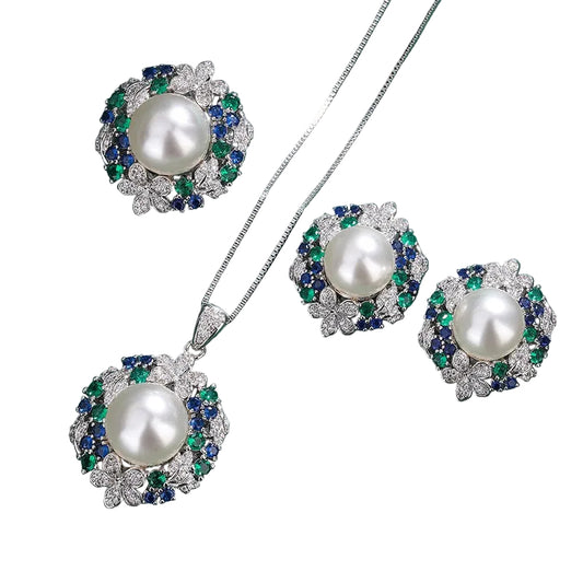 Emerald Green Sunflower Faux Pearl Jewelry Set – Ring, Earrings & Necklace1