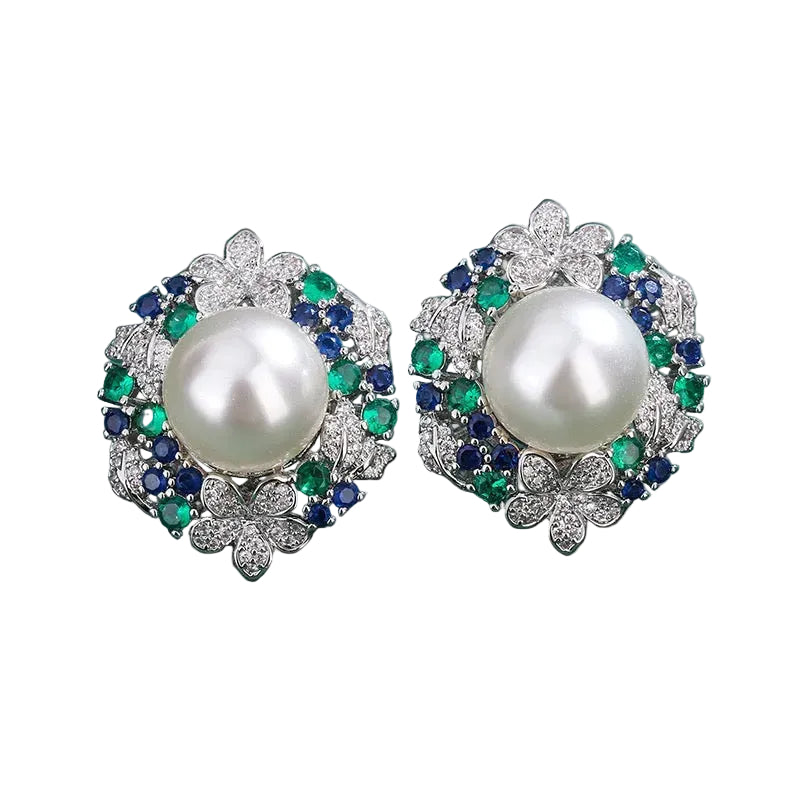 Emerald Green Sunflower Faux Pearl Jewelry Set – Earrings