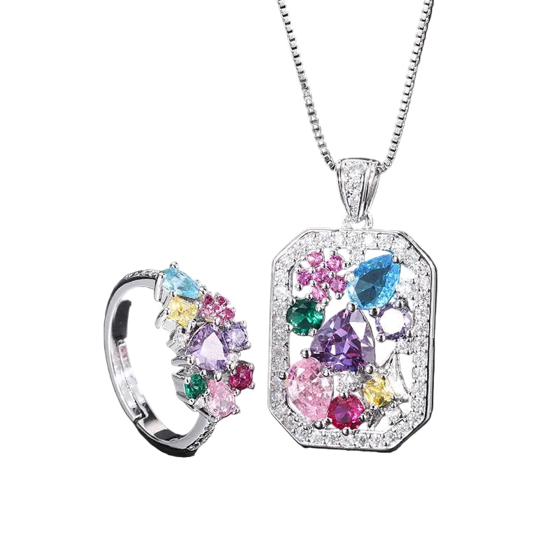 Colorful Zircon Necklace & Ring Set | White Gold-Plated Copper Jewelry Set