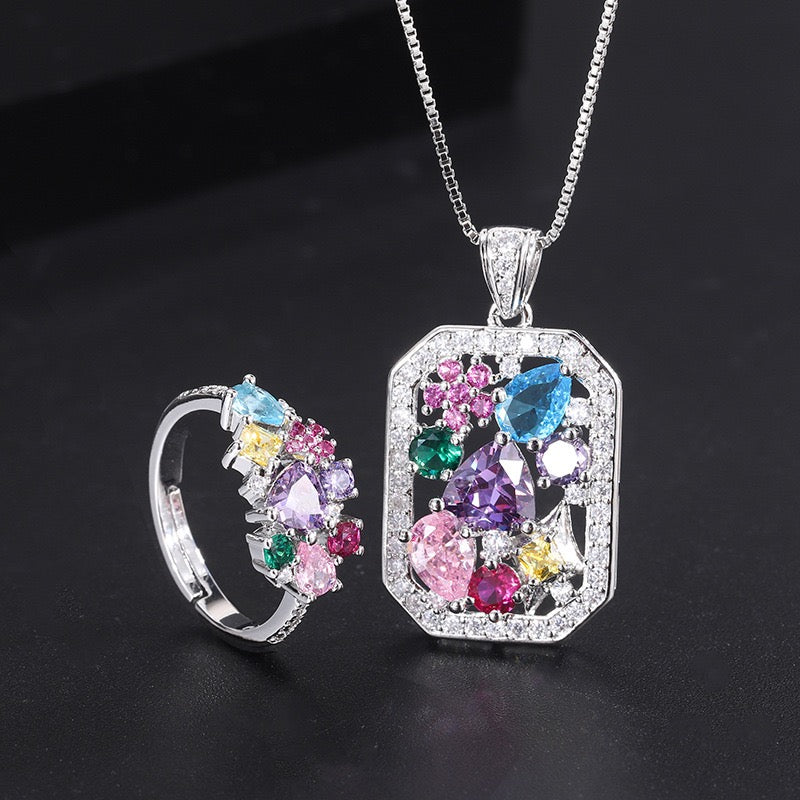 Colorful Zircon Necklace & Ring Set | White Gold-Plated Copper Jewelry Set