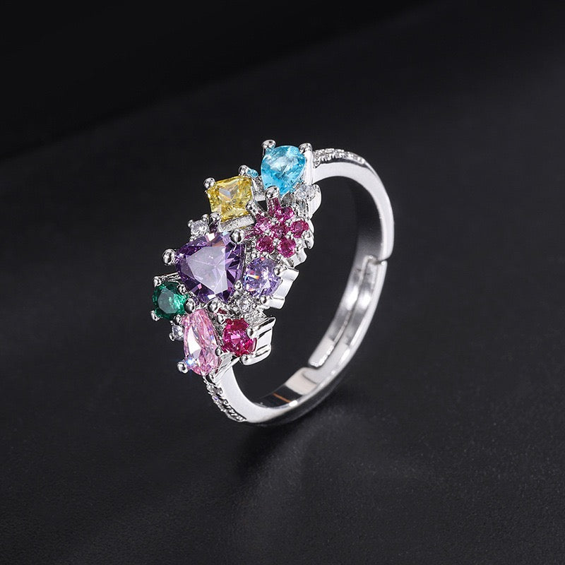 Colorful Zircon Necklace & Ring Set | White Gold-Plated Copper Jewelry Set