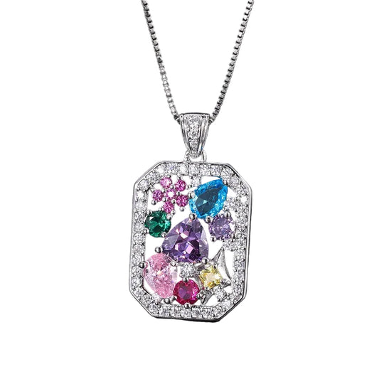 Colorful Zircon Necklace & Ring Set | White Gold-Plated Copper Jewelry Set