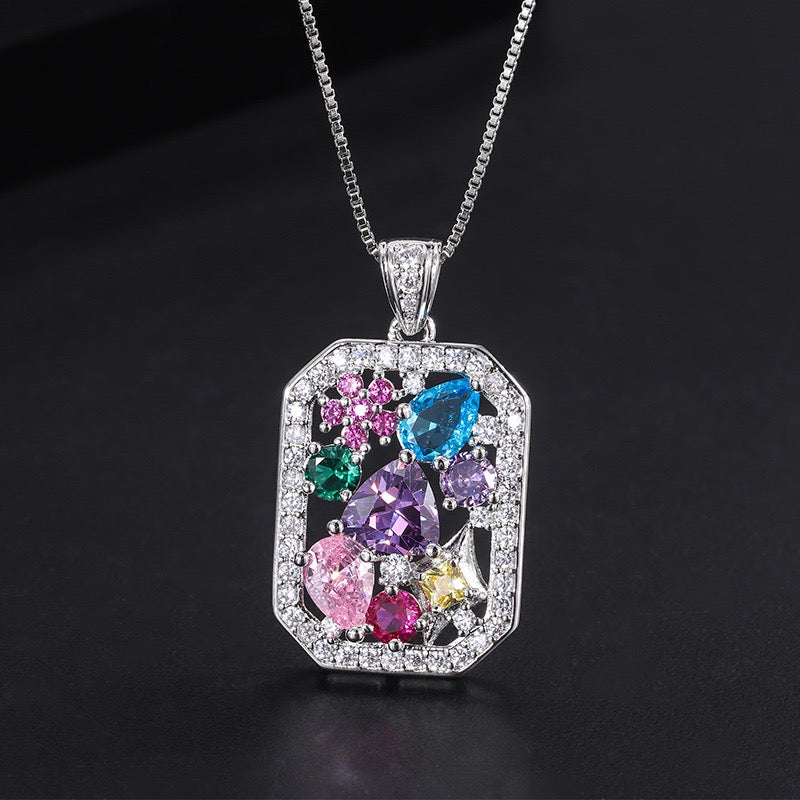 Colorful Zircon Necklace & Ring Set | White Gold-Plated Copper Jewelry Set