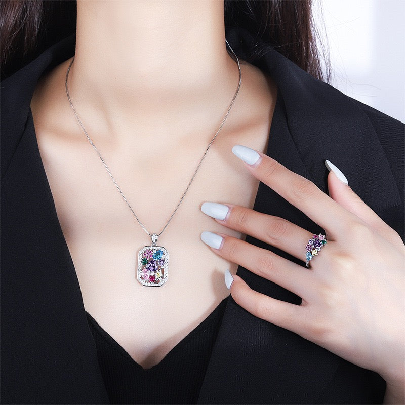 Colorful Zircon Necklace & Ring Set | White Gold-Plated Copper Jewelry Set