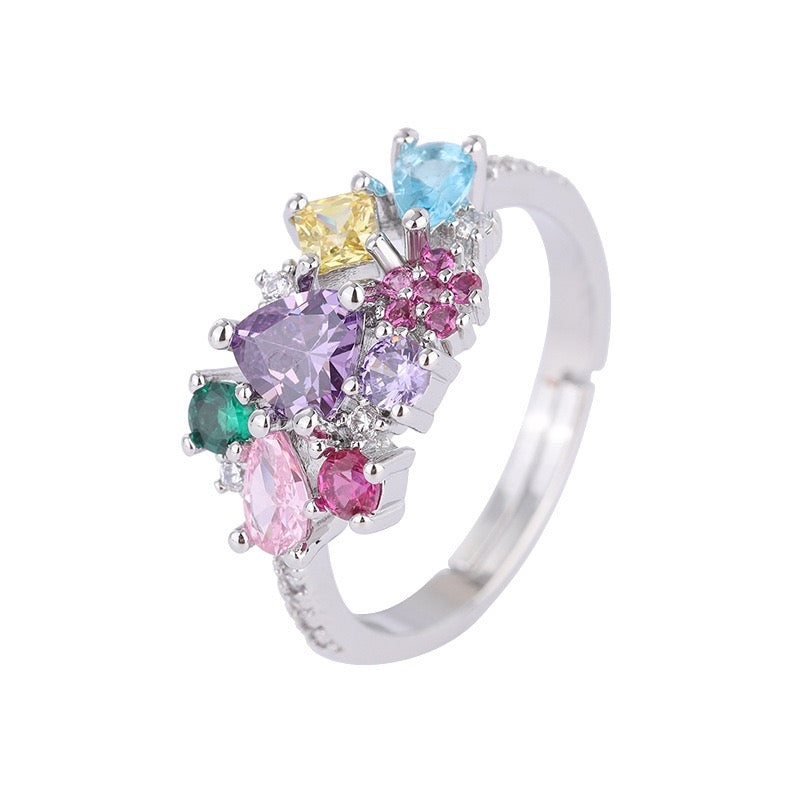 Colorful Zircon Necklace & Ring Set | White Gold-Plated Copper Jewelry Set