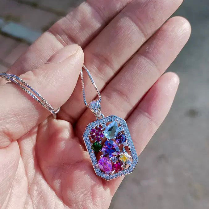 Colorful Zircon Necklace & Ring Set | White Gold-Plated Copper Jewelry Set