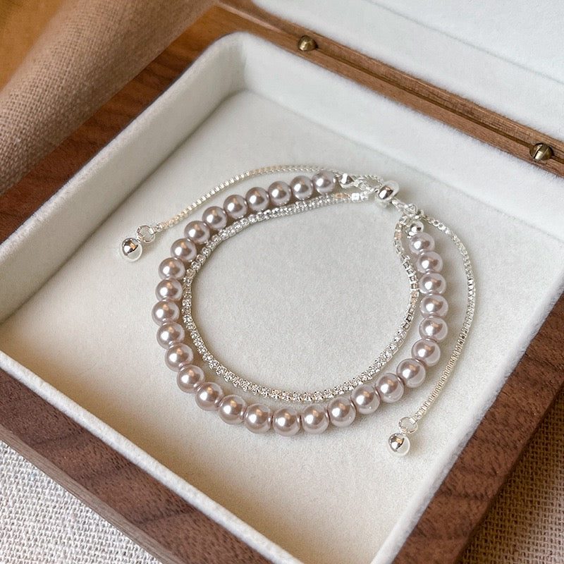 Vintage Pearl & Zircon 18K Gold Plated Double Layer Bracelet