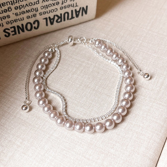 Vintage Pearl & Zircon 18K Gold Plated Double Layer Bracelet