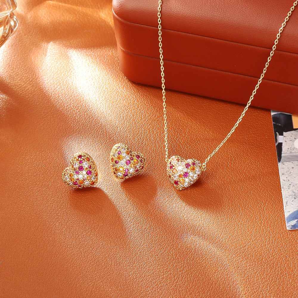 Zircon Heart Necklace & Earrings Set | 18K Gold Plated