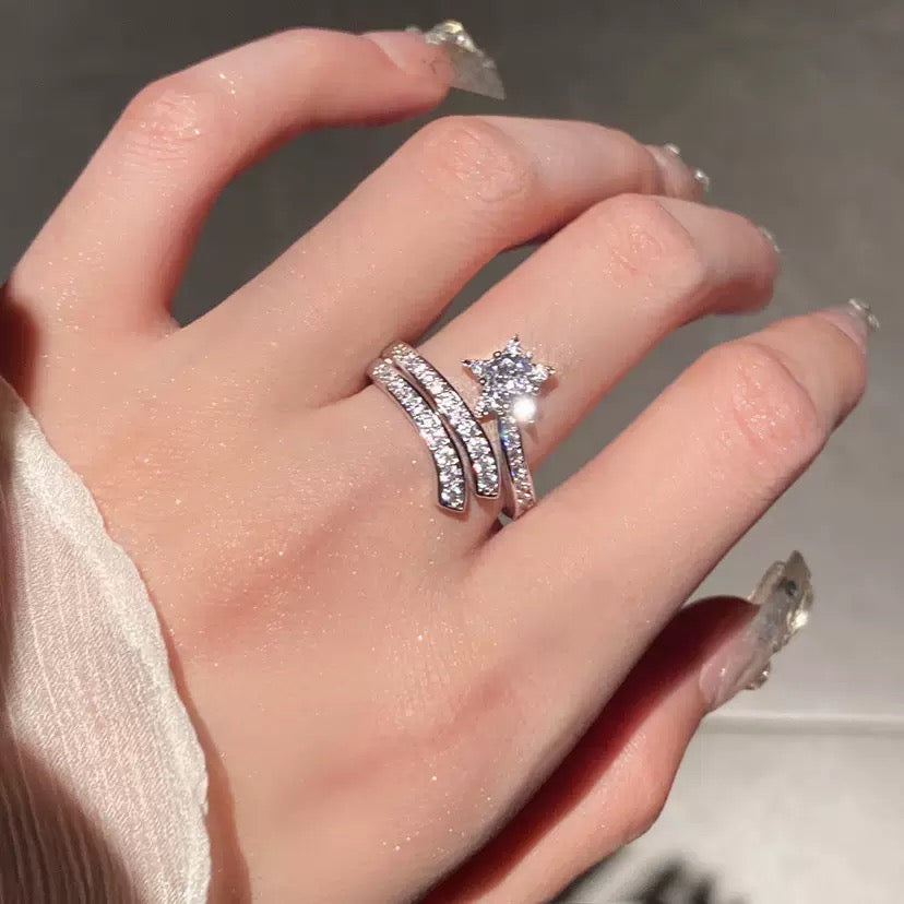 Micro Pavé Star Ring | Adjustable Open Band · CZ Stacking Ring