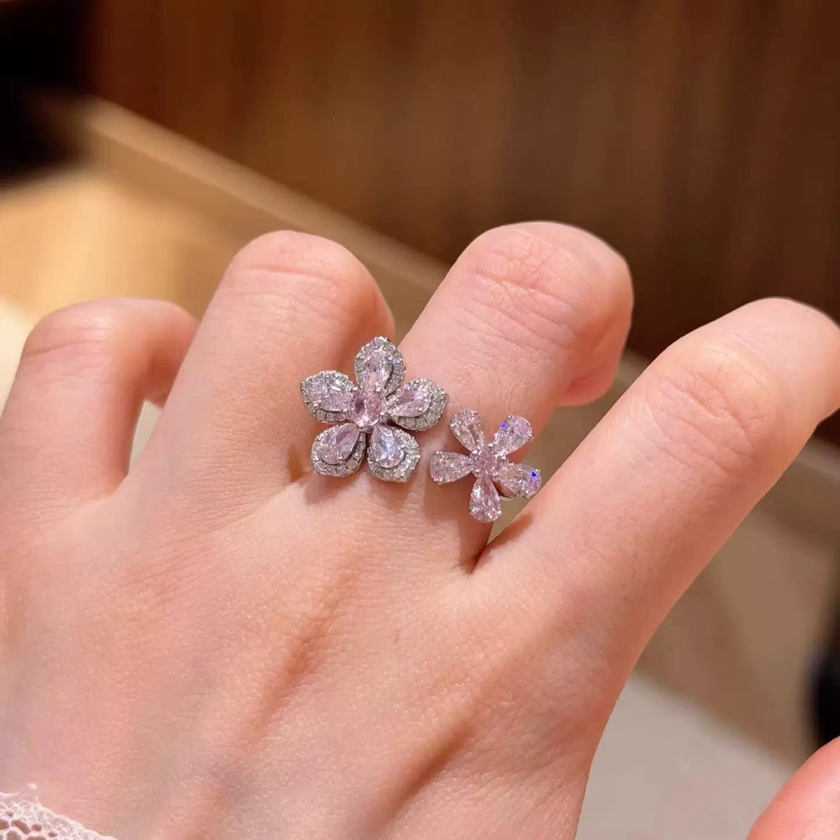 Pink Zircon Double-Flower Open Ring