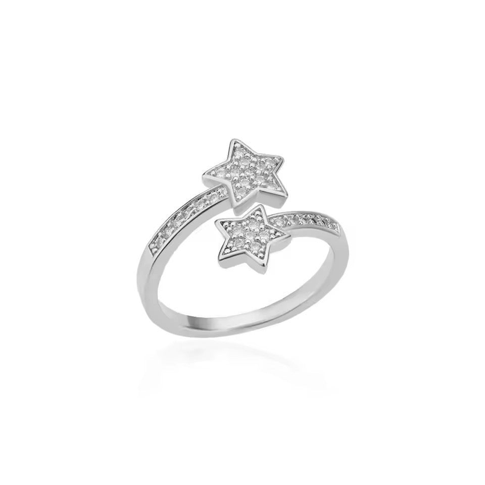 Platinum-Tone Plated Open Double Star Ring with Zircon
