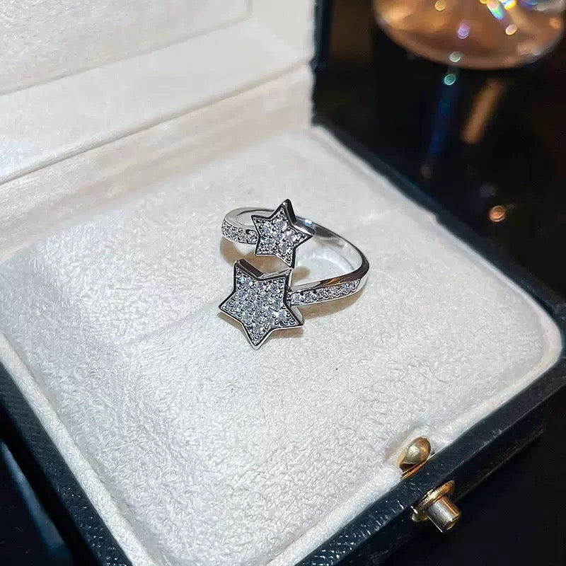 Platinum-Tone Plated Open Double Star Ring with Zircon