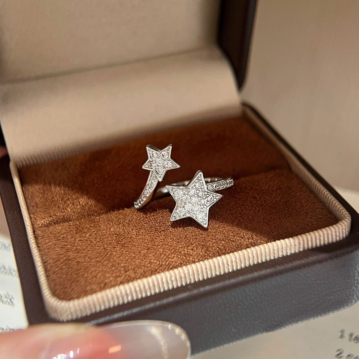 Platinum-Tone Plated Open Double Star Ring with Zircon
