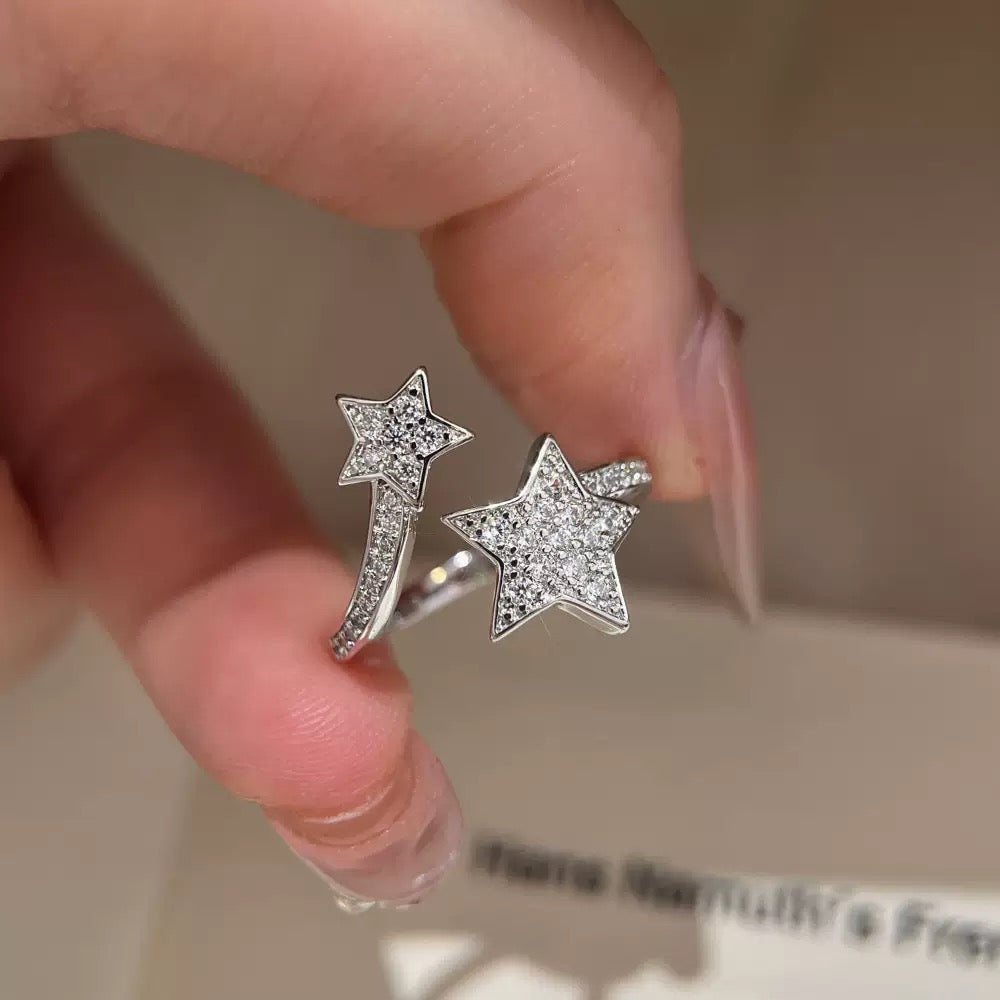 Platinum-Tone Plated Open Double Star Ring with Zircon