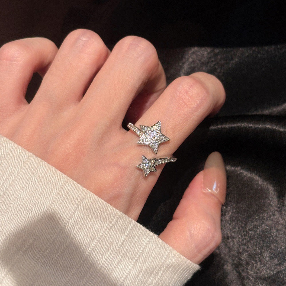 Platinum-Tone Plated Open Double Star Ring with Zircon