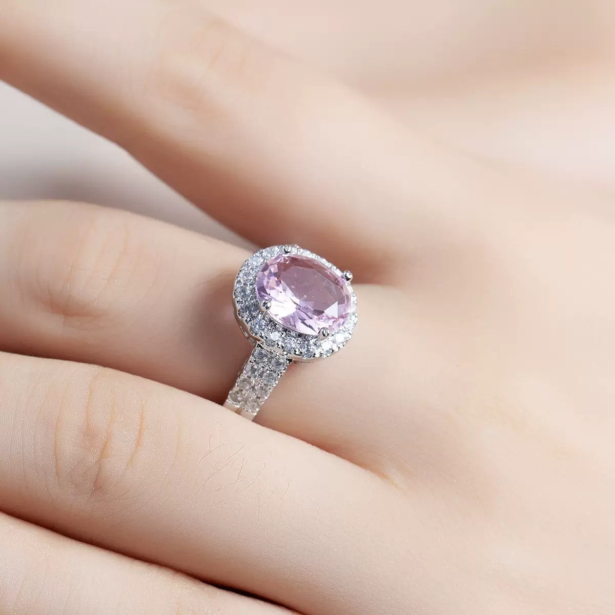 Rose quartz and diamond egg-shaped ring